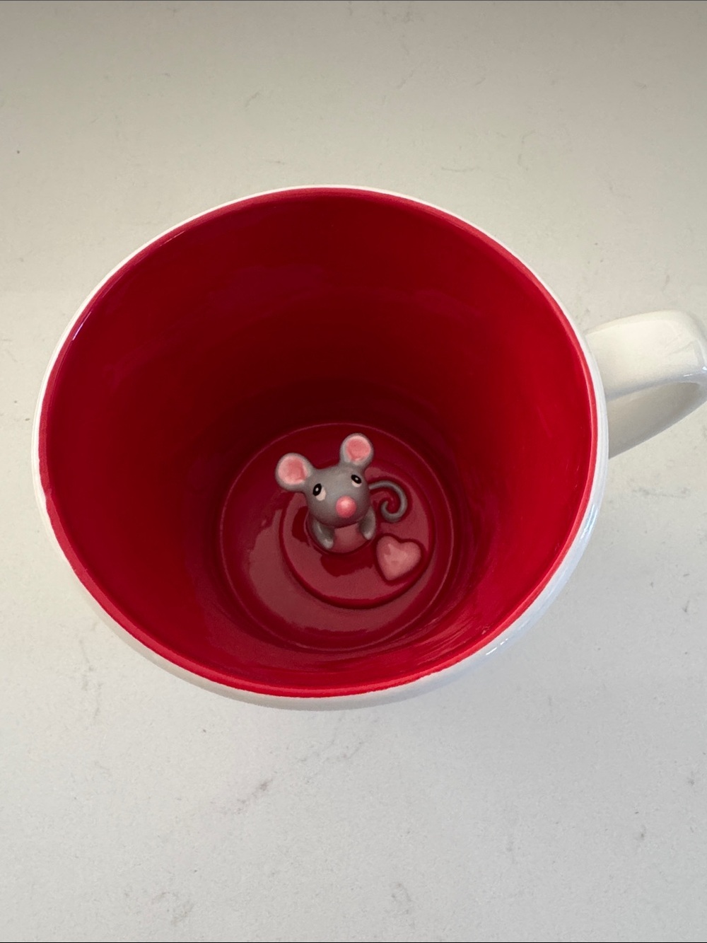 White Ceramic Mug with Red Interior and Cute Mouse Figurine NWOT